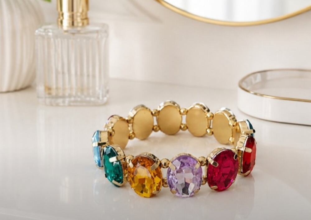 Gold Colorful Oval Rhinestone Stretch Bracelet New